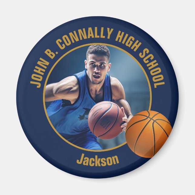 Imán Navy Blue Gold Basketball Player Photo (Frente)