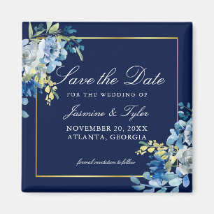Imán Navy Blue Gold Floral Elegant Save the Date
