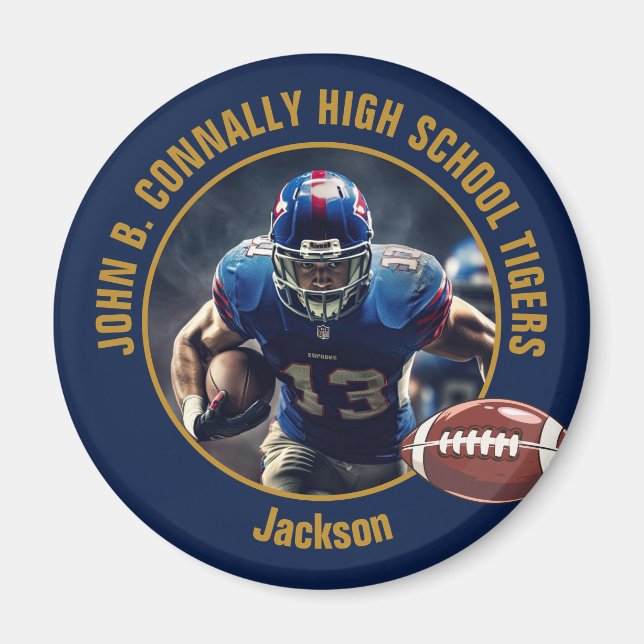 Imán Navy Blue Gold High School Football Player Photo (Frente)