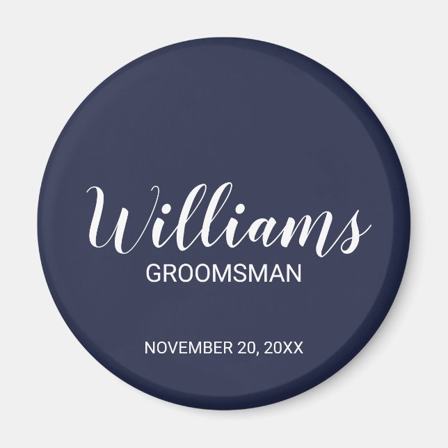 Imán Navy Blue Modern Script Personalizado Groomsman (Frente)