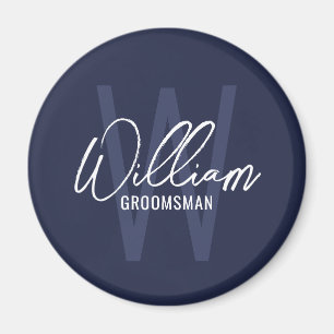 Imán Navy Blue Modern Script Personalizado Groomsmen
