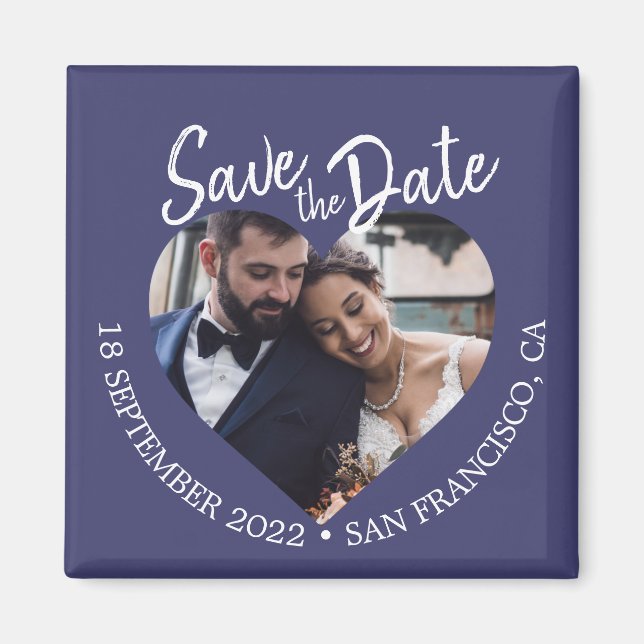 Imán Navy Blue Photo Modern Script Save the Date (Frente)