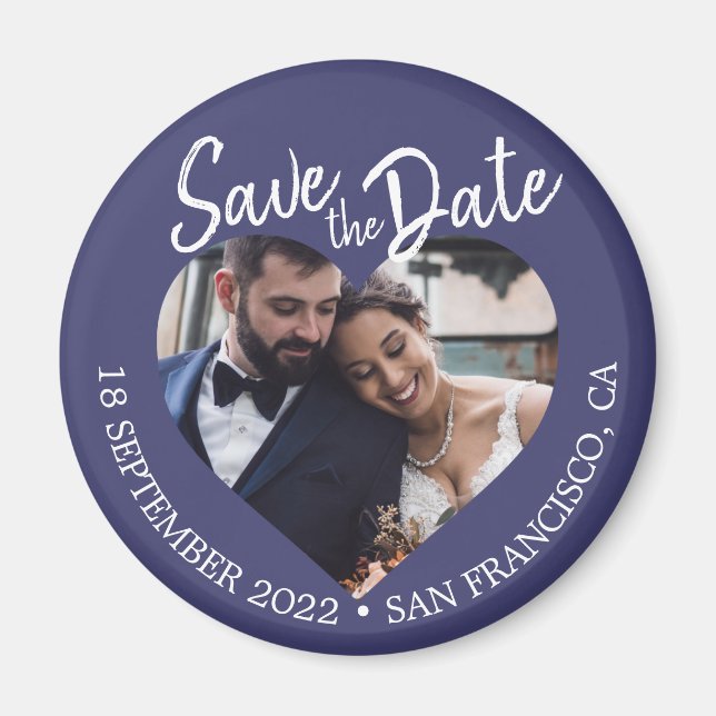 Imán Navy Blue Photo Modern Script Save the Date (Frente)