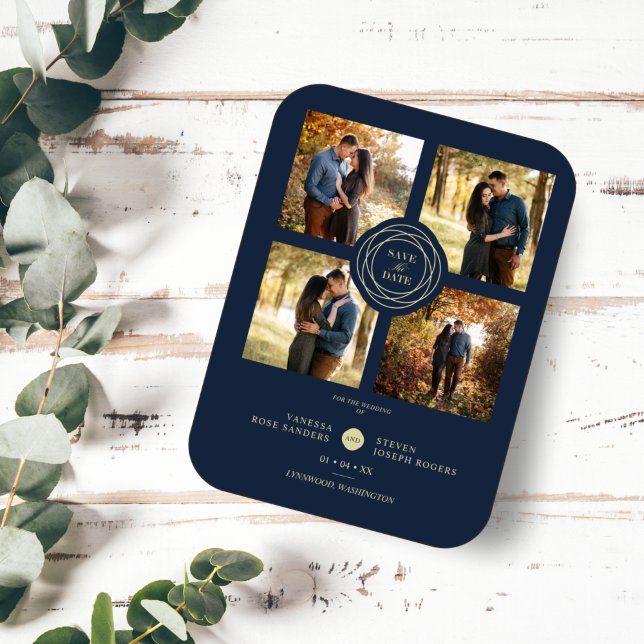 Imán Navy Gold 4 Photos Modern Collage Wedding Script (Subido por el creador)