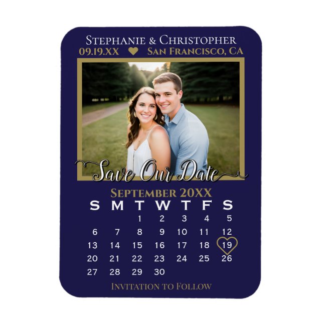 Imán Navy & Gold Photo Calendar Save Our Date Wedding (Vertical)