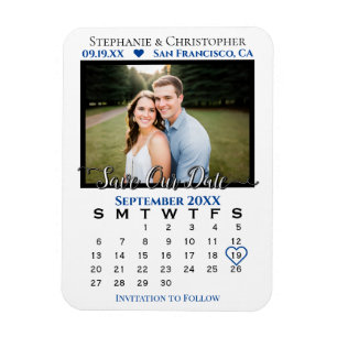 Imán Navy & White Photo Calendar Save Our Date Wedding