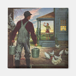 Imán Negocio Antiguo, Granja con Granjero y Gallinas
