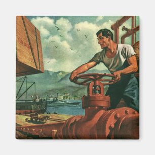 Imán Negocio vintage, barco petrolero con trabajador po