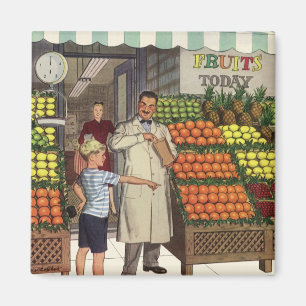 Imán Negocio vintage, base de fruta con Grocer y Boy