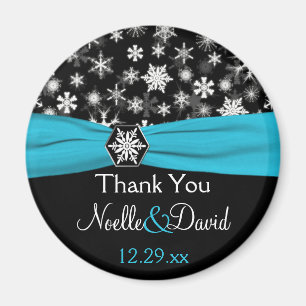 Imán Negro, blanco, Aqua Snowflakes Wedding Favor Magne