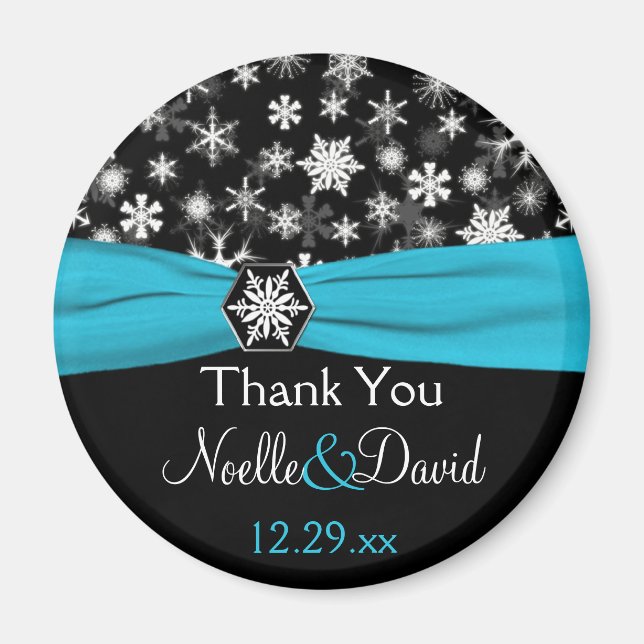 Imán Negro, blanco, Aqua Snowflakes Wedding Favor Magne (Frente)