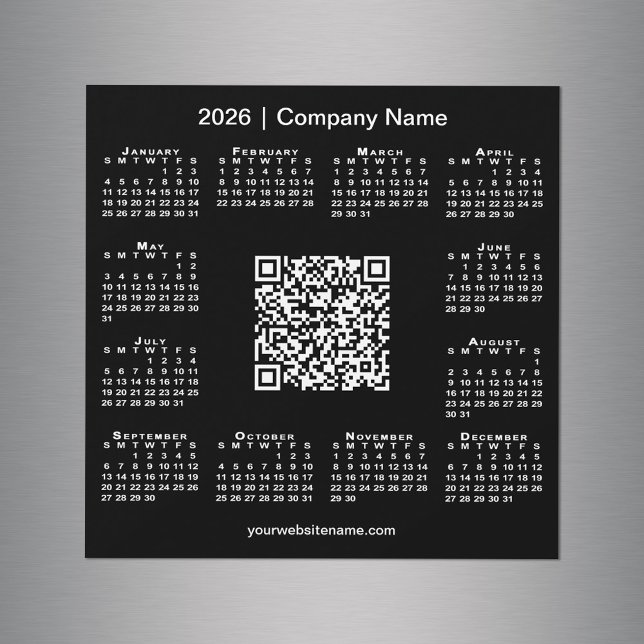 Imán negro de código QR personalizado para negocio (2026 Calendar Custom Business QR Code Black Magnet in situ)