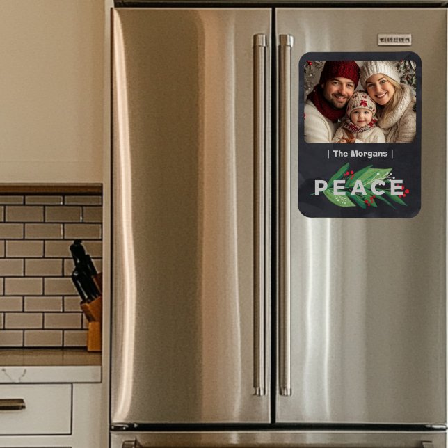 Imán Negro y verde moderno con paz Holly Berry (Peace Photo christmas Magnet )