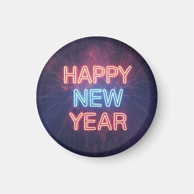 Imán Neon "Happy New Year" Typography with Fireworks (Frente)