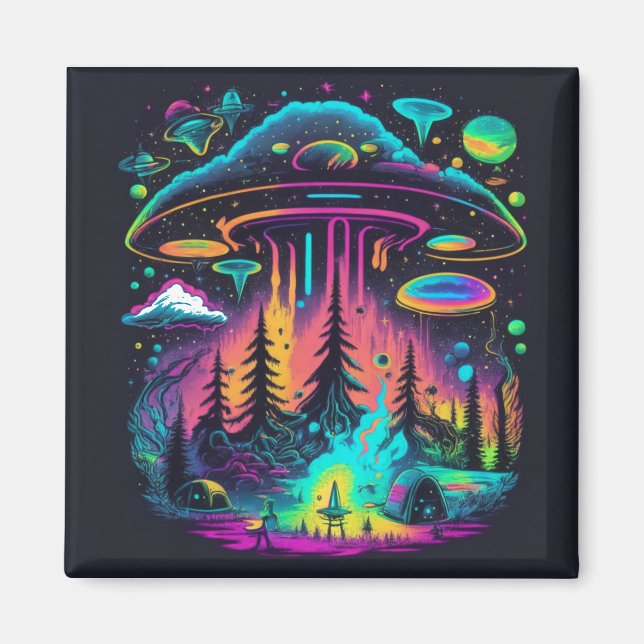 Imán Neon UFO y Alien Scene Psychedelic Art (Frente)