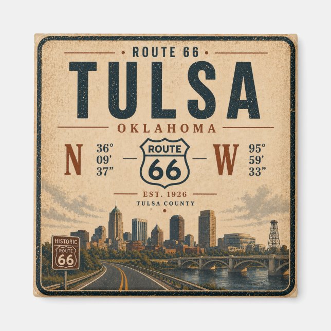 Imán Nevera de la Ruta 66 de Tulsa Coordenadas Monument (Frente)