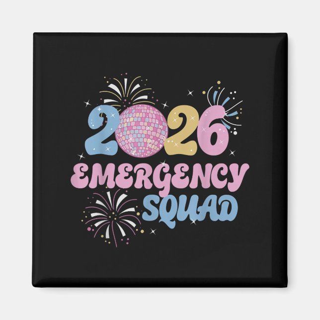 Imán New Years 2026 Eve Emergency Squad Disco Ball Fire (Frente)