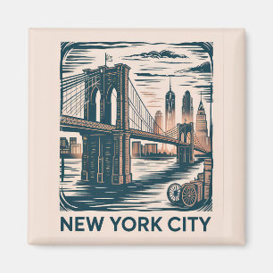 Imán New York City Brooklyn Bridge Bold Retro Skyline