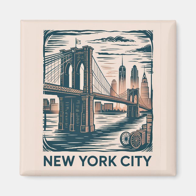 Imán New York City Brooklyn Bridge Bold Retro Skyline (Frente)