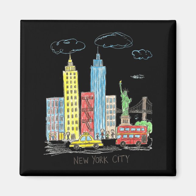 Imán New York City Skyline Illustration Urban Kids Art  (Frente)