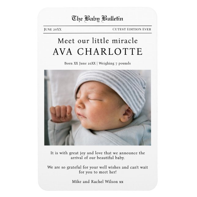 Imán Newborn Baby Newspaper Flexible Photo Magnet (Vertical)