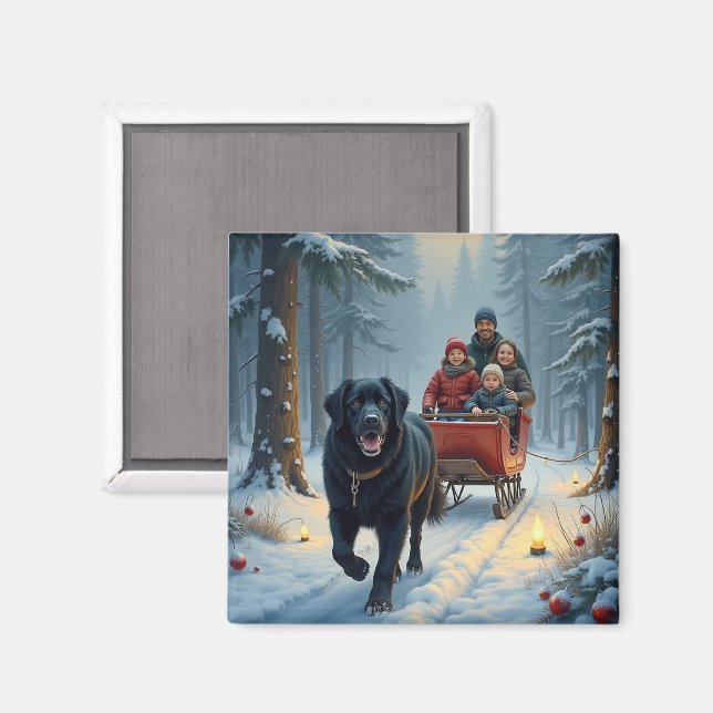 Imán Newfoundland Dog Snowy Sleigh Ride Christmas (Anverso/Reverso)