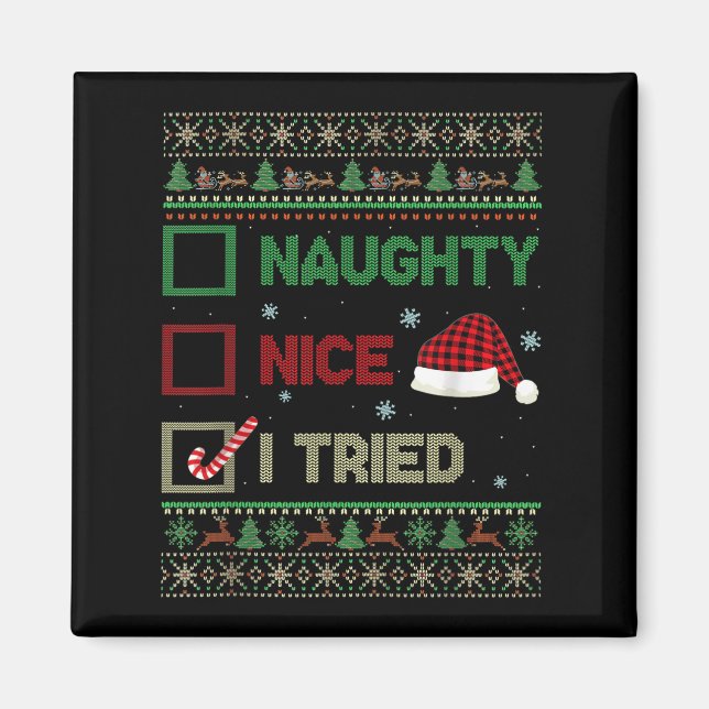 Imán Nice Naughty I Tried Ugly Sweater Red Plaid Christ (Frente)