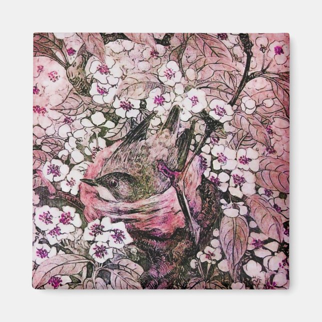 IMÁN NIDO DE AVE, PRIMAVERA ROJA DE PINO BLANCO FLORES  (Frente)