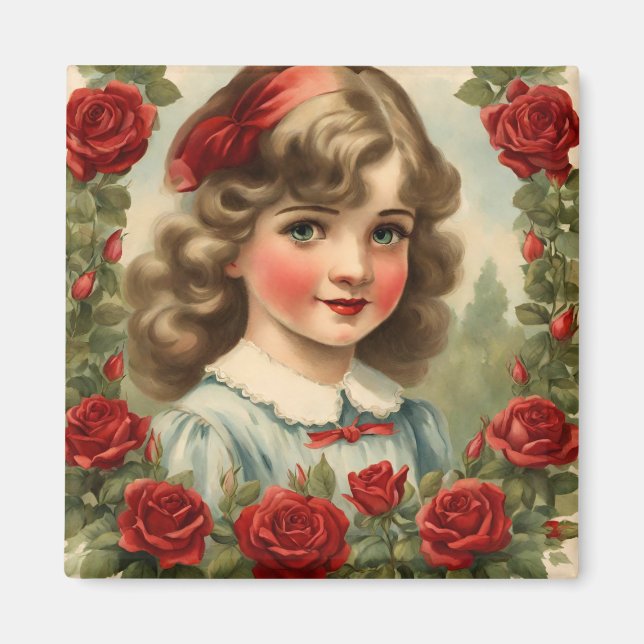 Imán Niña antigua con rosas (Frente)