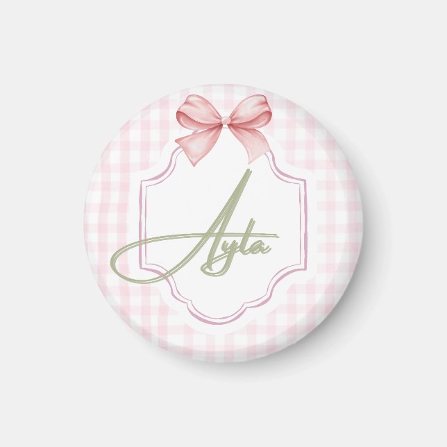 Imán Niña Ayla Nursery Bow&Gingham personalizada (Frente)