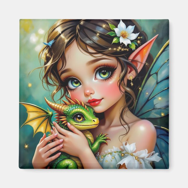 Imán Niña bonita de temática hada y dragón   (Frente)