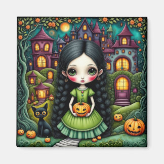 Imán Niña Gótica Adorable Calabaza Pueblo Halloween