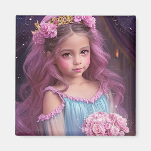 Imán Niña Hermosa con Flores Rosas en su Cabello