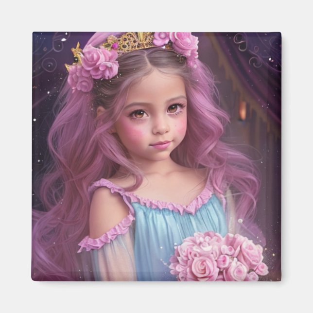 Imán Niña Hermosa con Flores Rosas en su Cabello (Frente)