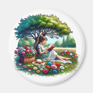 Imán Niña leyendo bajo un árbol rodeada de flores