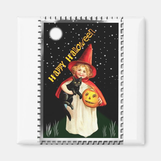 Imán Niña nostálgica, linterna Jack-o’ y gato (Frente)