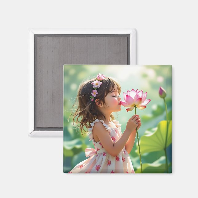 Imán Niña oliendo una rosa rosa personalizada (Anverso/Reverso)