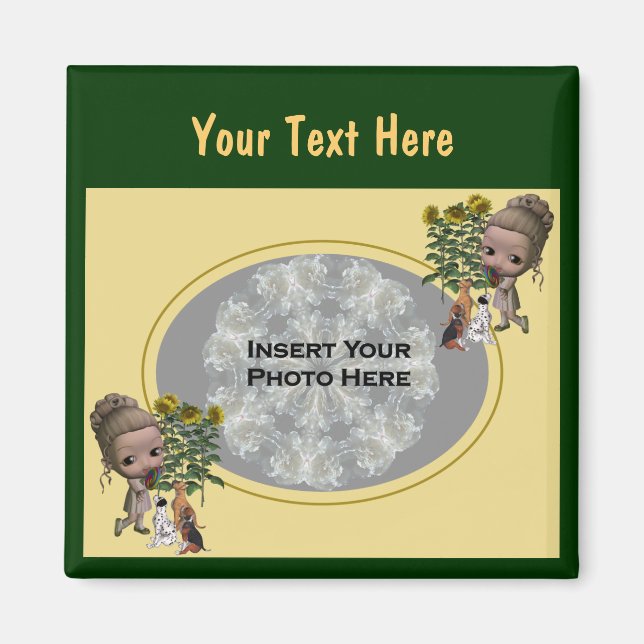 Imán Niña pequeña con foto de cachorros (Frente)