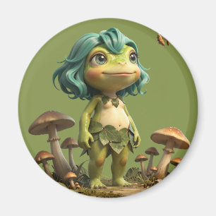 Imán Niña Rana Adorable Entre Hongos con Mariposa