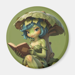 Imán Niña Rana Linda Leyendo Libro Bajo Hoja