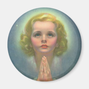 Imán Niña rubia angelical con halo y estrellas rezando