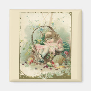 Imán Niña Victoriana Vintage, Cesta de Frutas de Primav