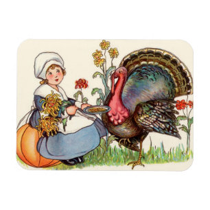 Imán niña y pavo, Día de Acción de Gracias vintage