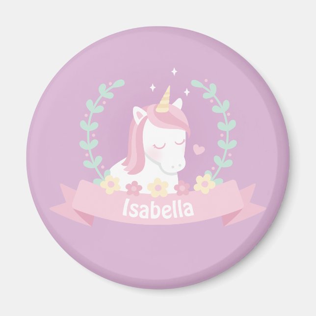 Imán Niñas Flores Unicornio Mágico Blanco Lindo (Frente)