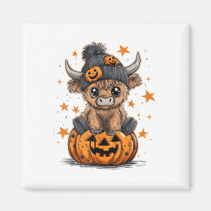 Imán Niño amante de la vaca de Halloween con calabaza d