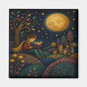 IMÁN NIÑO CAPRICHOSO LEYENDO BAJO LA LUNA
