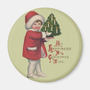 Imán Niño con árbol de Navidad Arte de ilustración vint