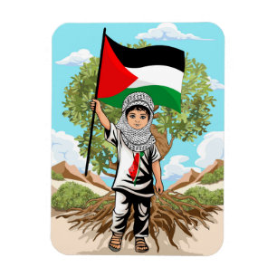 Imán Niño con bandera palestina de Keffiyeh y olivo