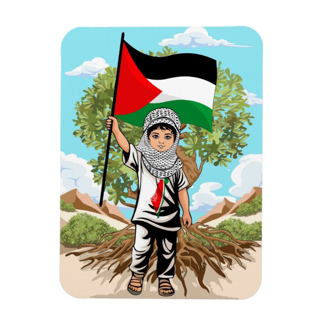 Imán Niño con bandera palestina de Keffiyeh y olivo (Vertical)