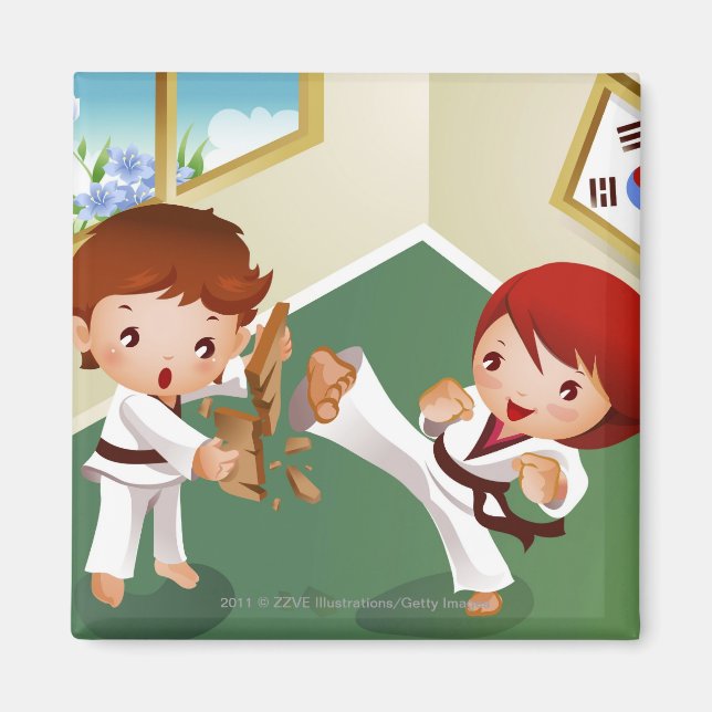 Imán Niño de karate sosteniendo madera con otra que la  (Frente)